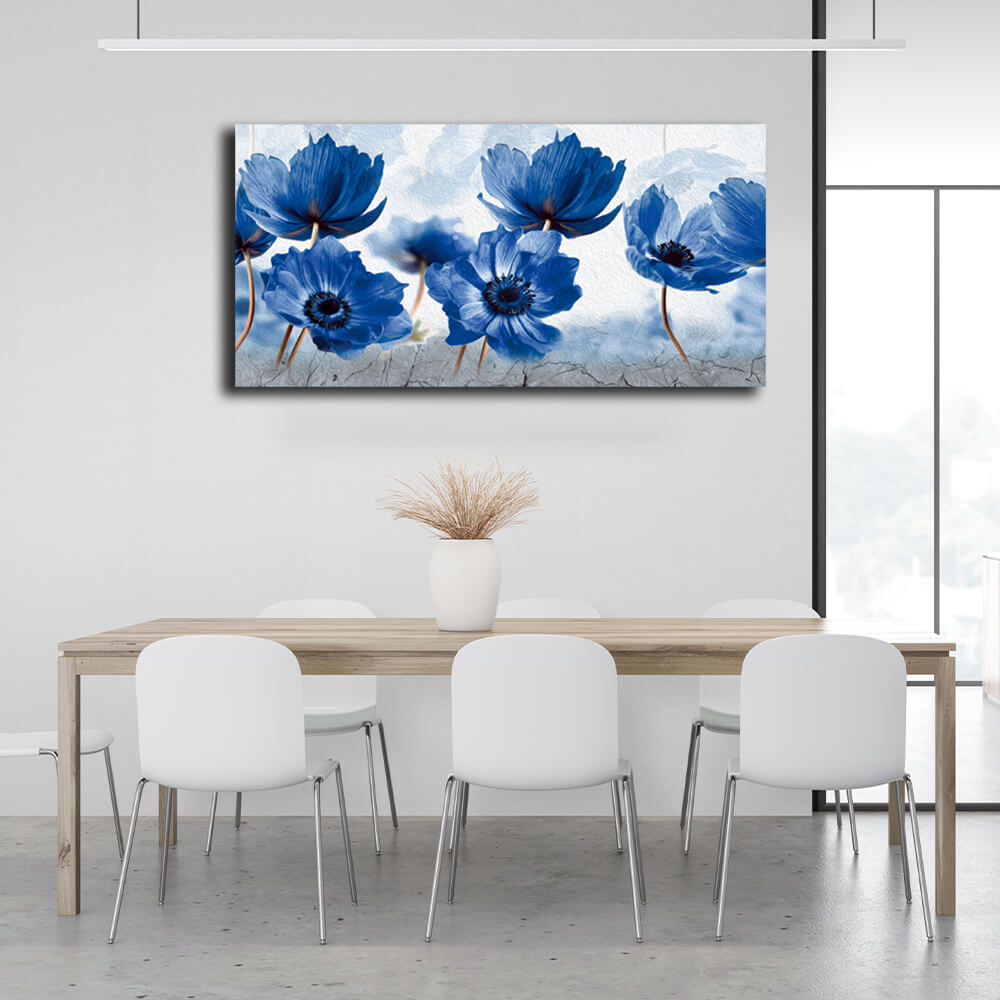 Inneneinrichtung: Ein Feld mit blauen Blumen auf Leinwand, Kunstdruck