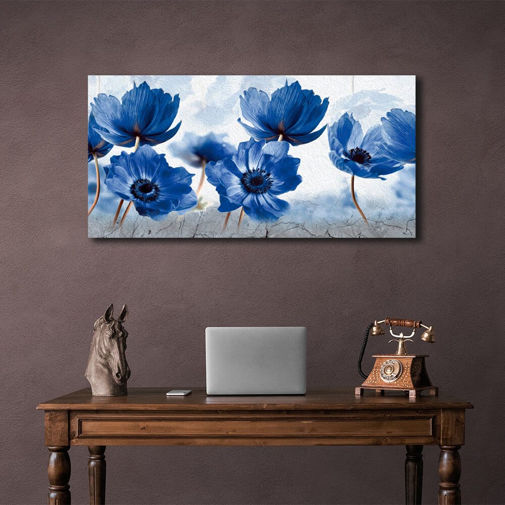 Inneneinrichtung: Ein Feld mit blauen Blumen auf Leinwand, Kunstdruck