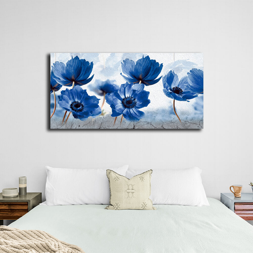 Inneneinrichtung: Ein Feld mit blauen Blumen auf Leinwand, Kunstdruck