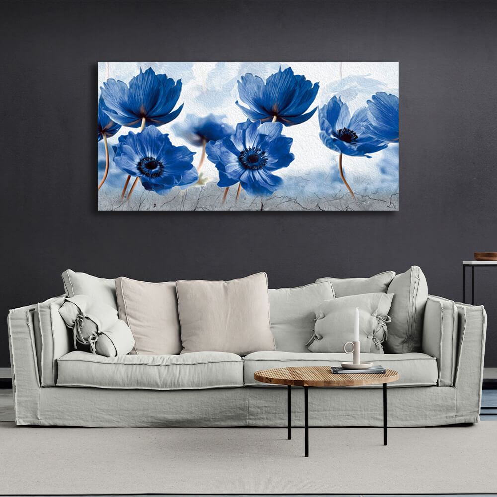 Inneneinrichtung: Ein Feld mit blauen Blumen auf Leinwand, Kunstdruck