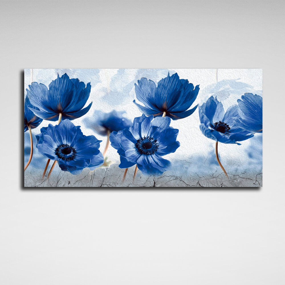 Inneneinrichtung: Ein Feld mit blauen Blumen auf Leinwand, Kunstdruck