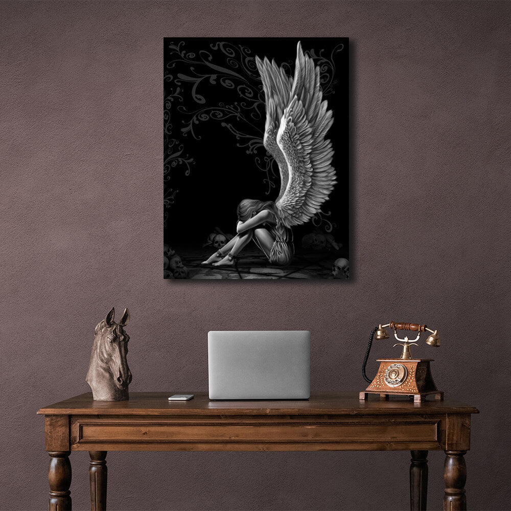 Interior Sad Angel Black Canvas Wall Art Print