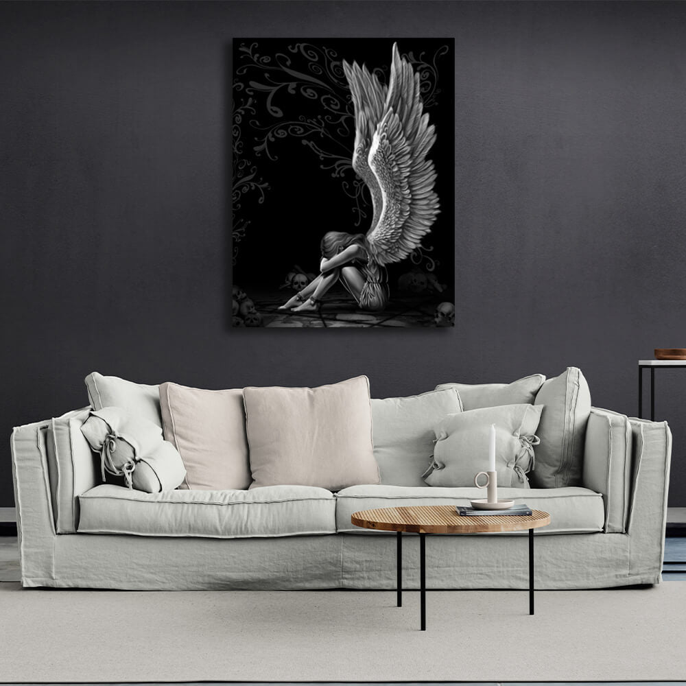 Interior Sad Angel Black Canvas Wall Art Print