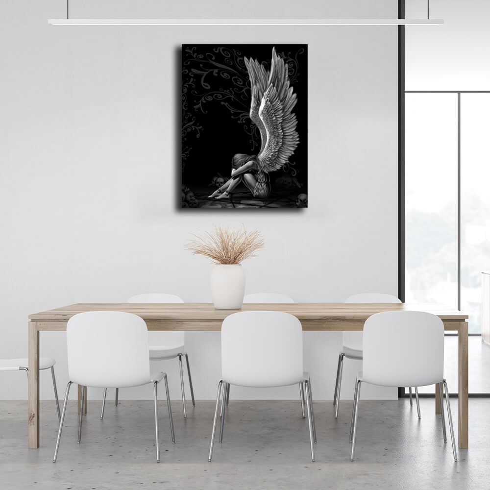 Interior Sad Angel Black Canvas Wall Art Print