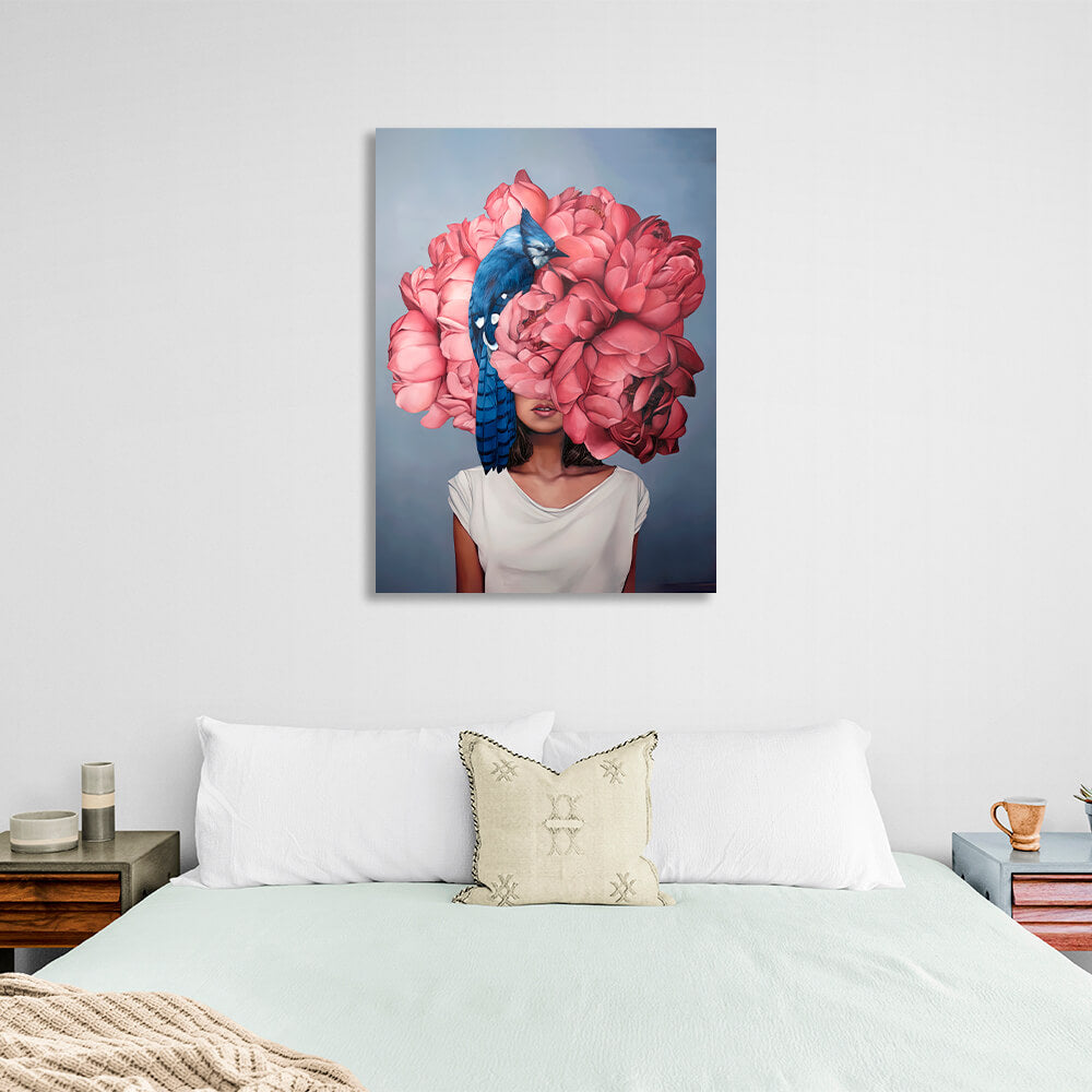 Woman flowers and bird blue with pink Canvas Wall Art Print