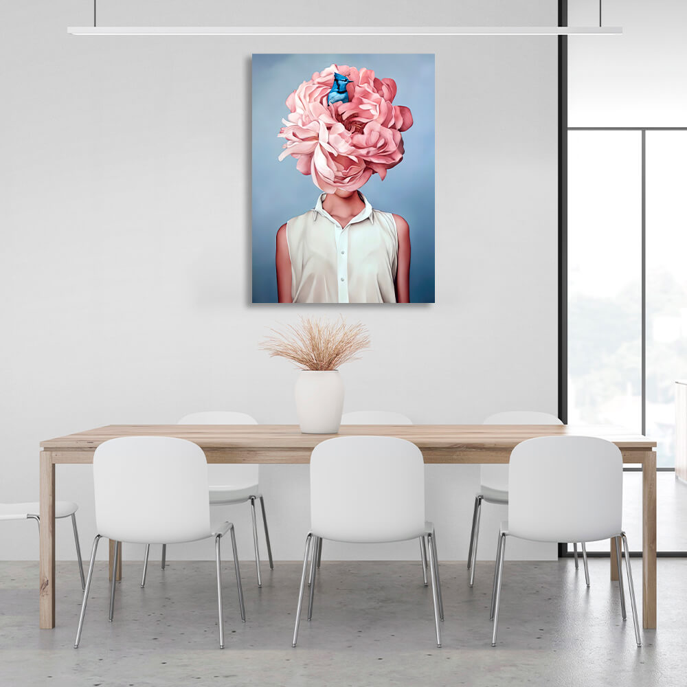 Woman flowers and bird blue Canvas Wall Art Print