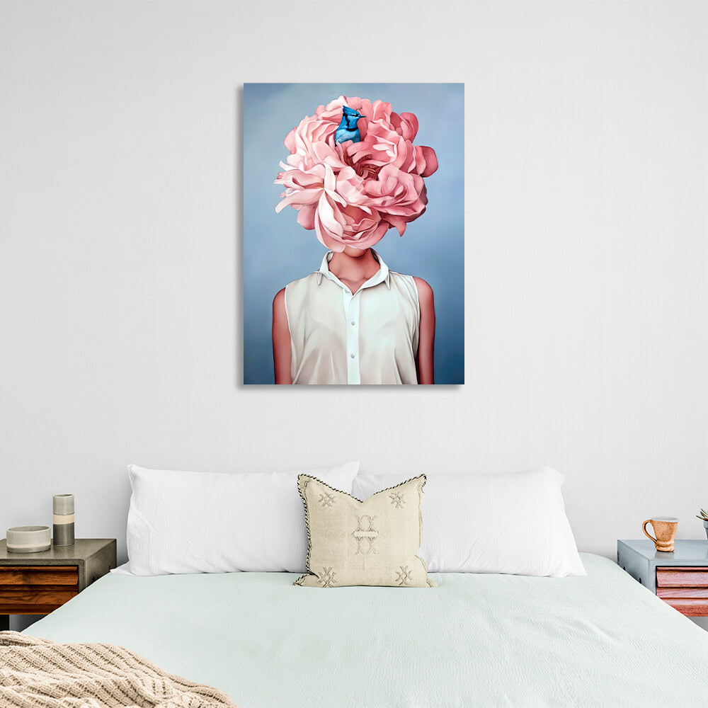 Woman flowers and bird blue Canvas Wall Art Print