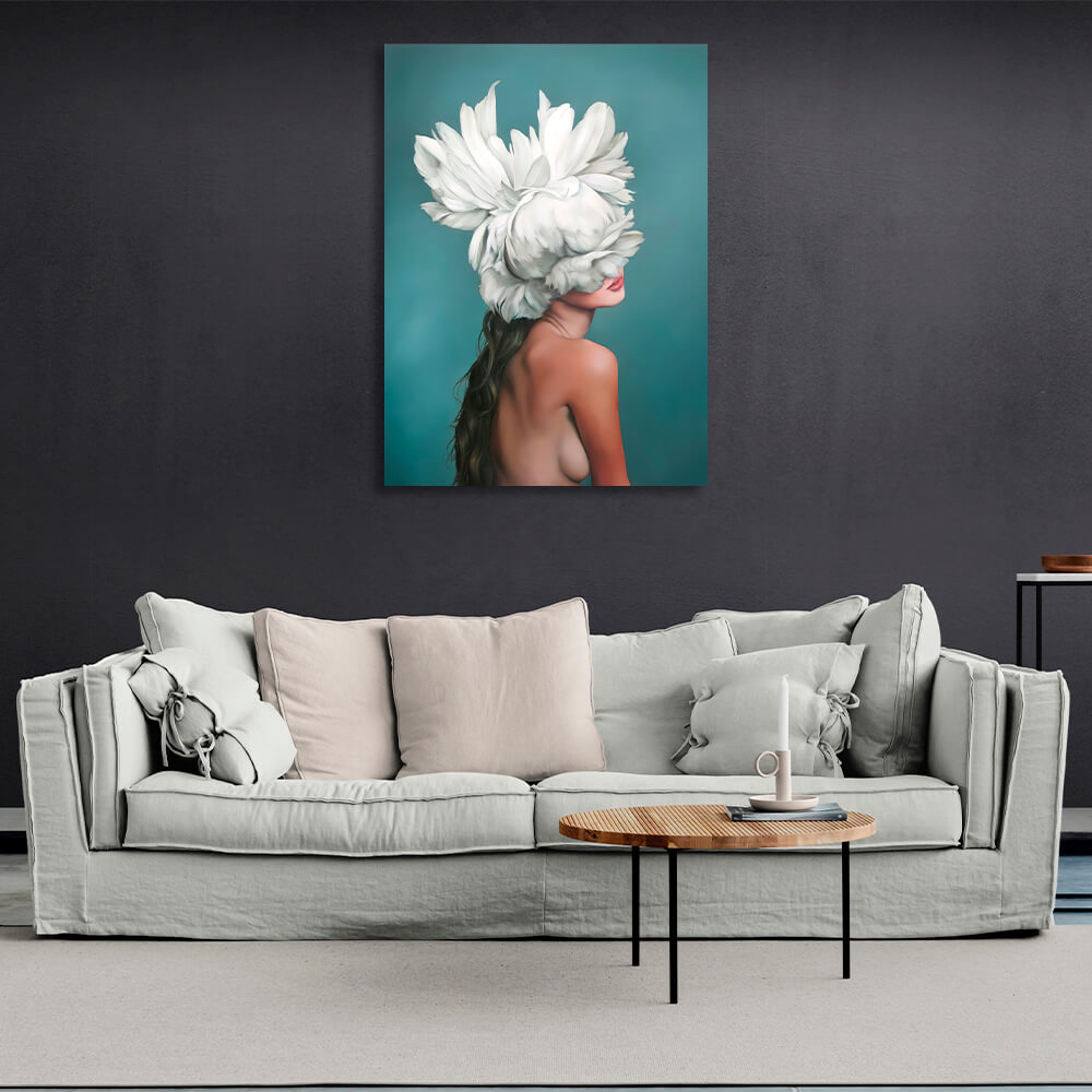 The girl with white flowers on her head is turquoise Canvas Wall Art Print