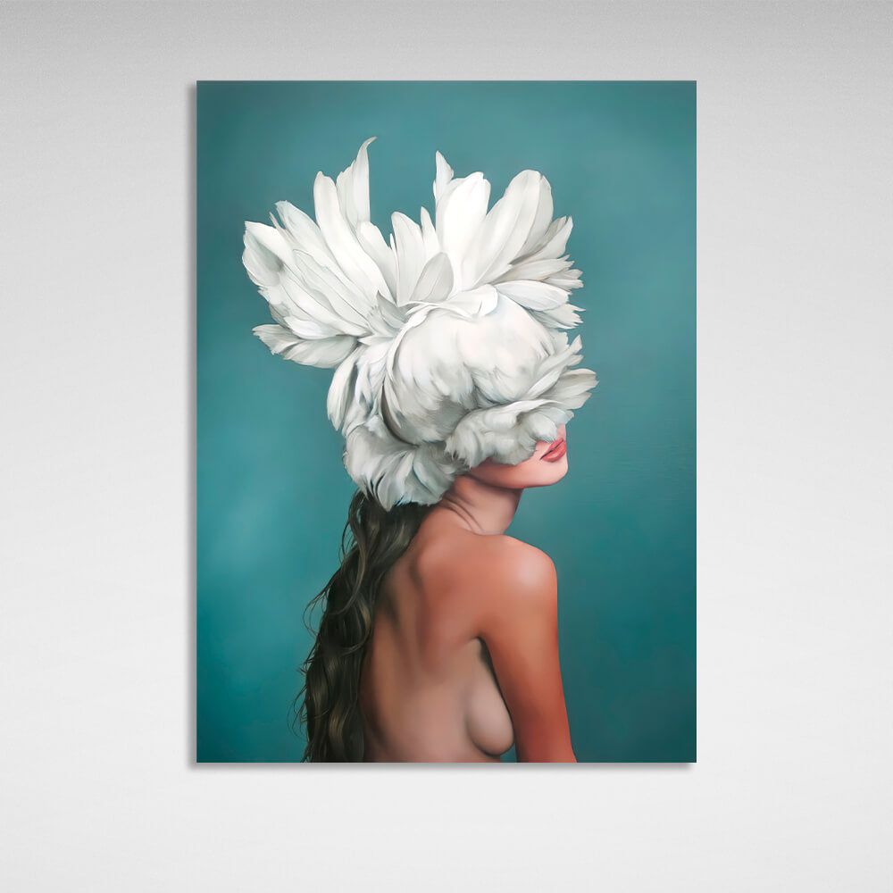 The girl with white flowers on her head is turquoise Canvas Wall Art Print