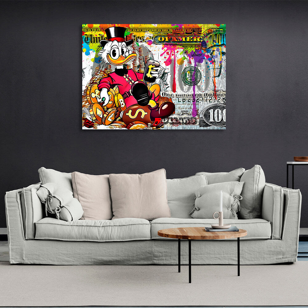 Scrooge 100 Dollar Inspirierender Kunstdruck auf Leinwand