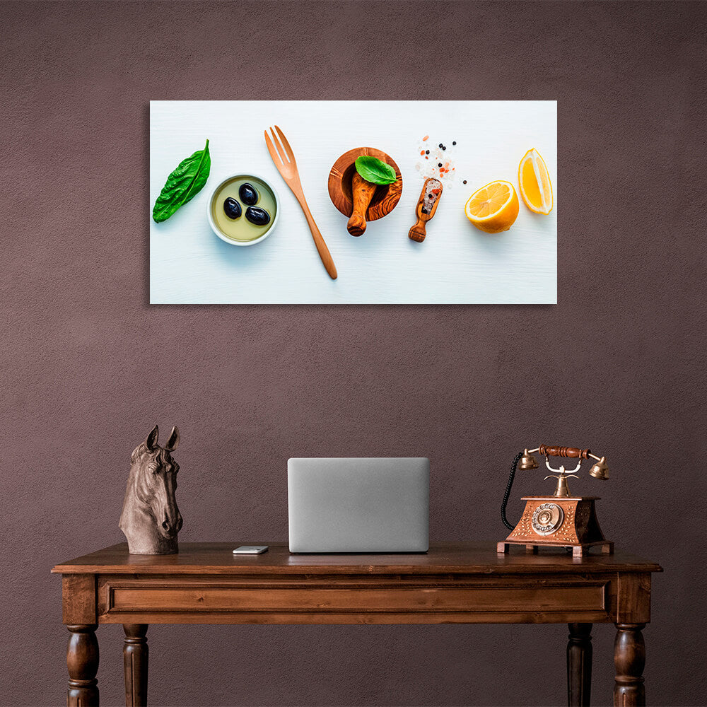 For the kitchen Spices, lemon and olives Canvas Wall Art Print For Kitchen