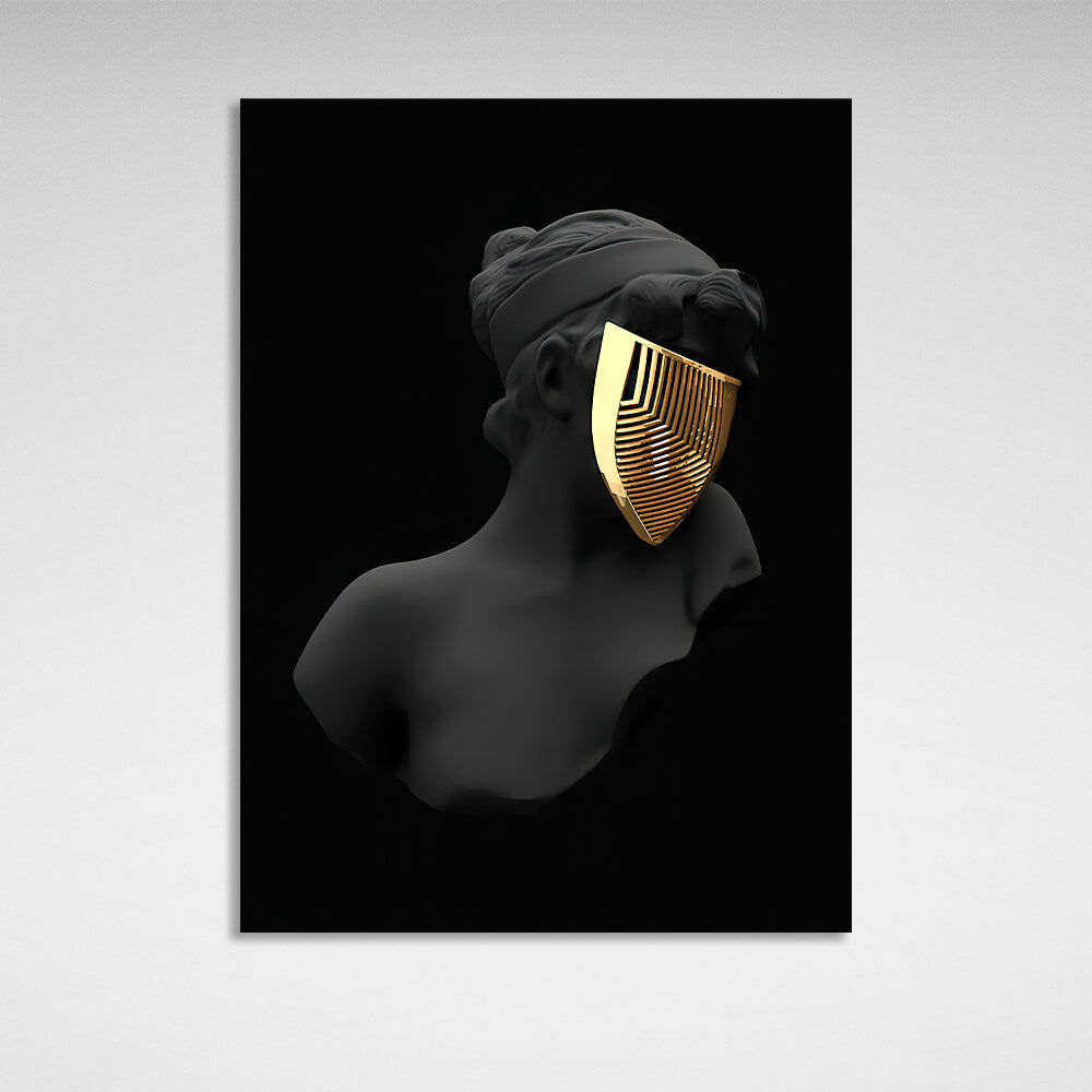 Interior Black statue of a woman wearing a gold mask Canvas Wall Art Print