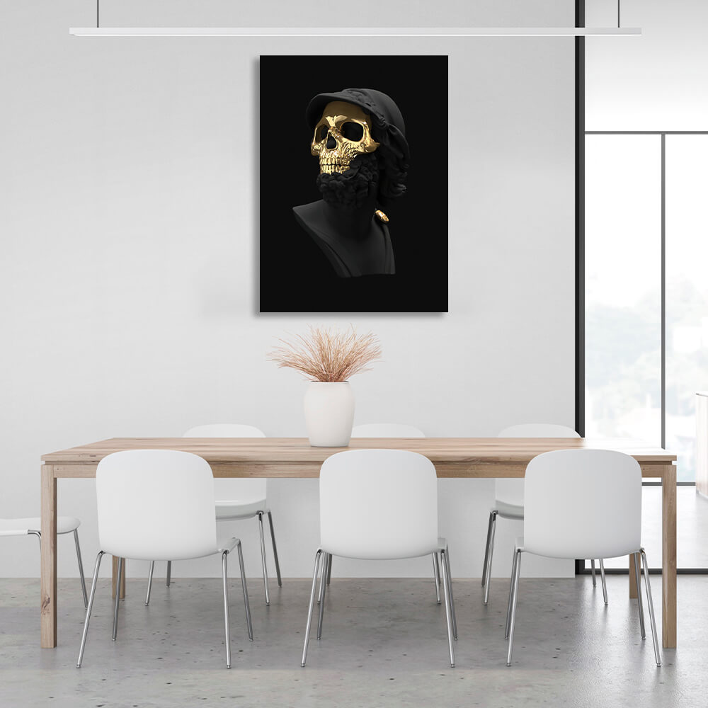 Interior A black statue of a man wearing a gold mask Canvas Wall Art Print