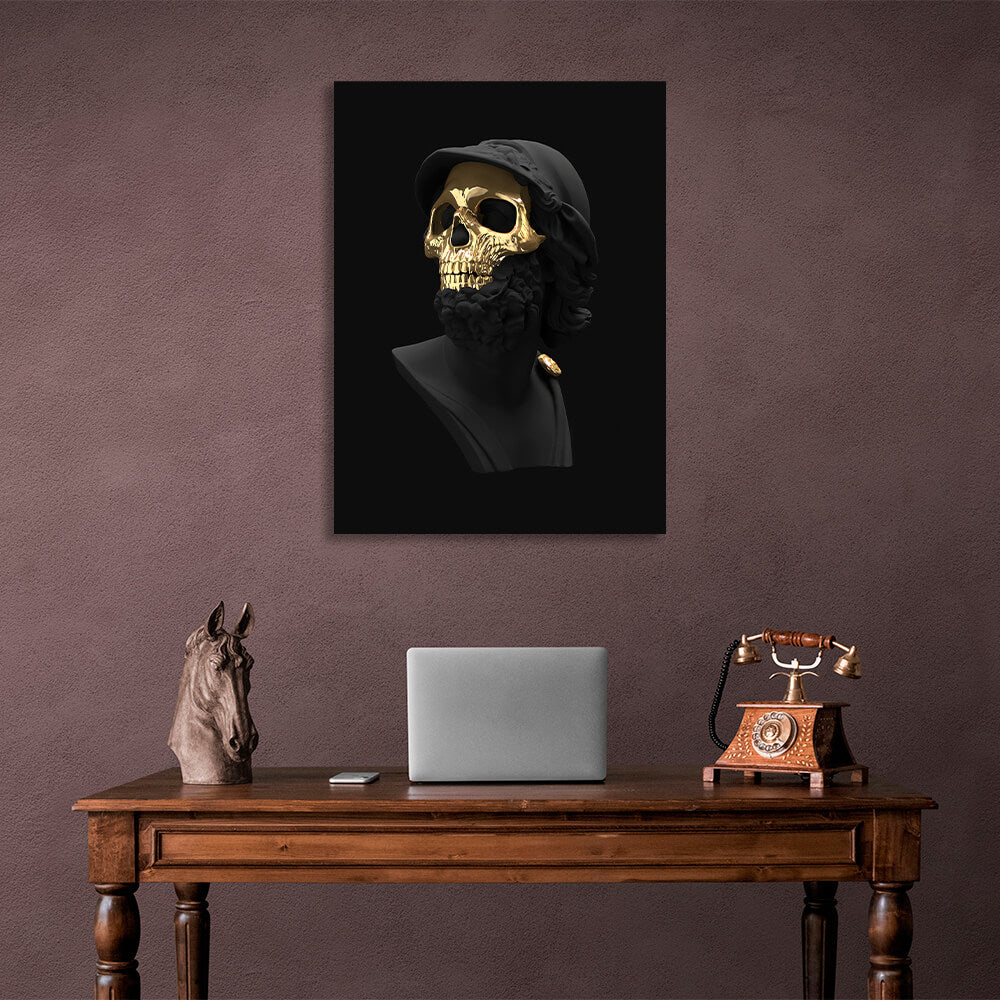 Interior A black statue of a man wearing a gold mask Canvas Wall Art Print