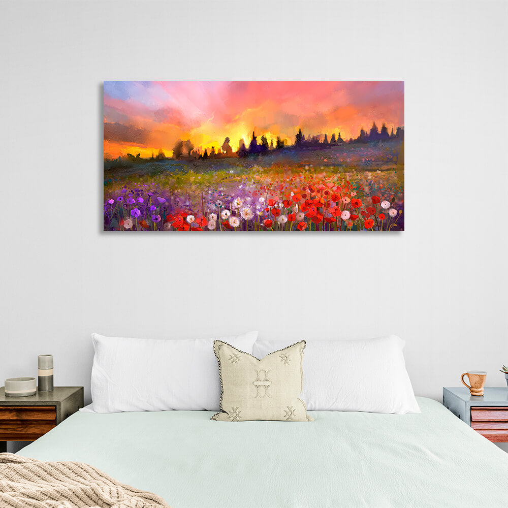 Für Zuhause Abendliches Blumenfeld Mohn, Löwenzahn, Veilchen Leinwandbild Wandbild