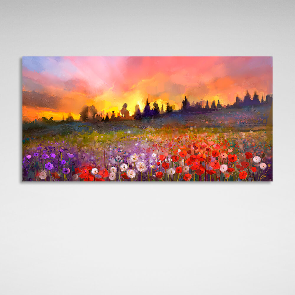 Für Zuhause Abendliches Blumenfeld Mohn, Löwenzahn, Veilchen Leinwandbild Wandbild