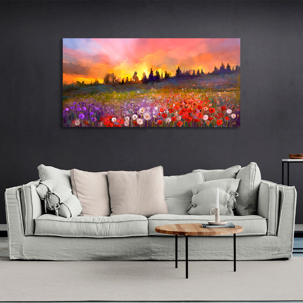 Für Zuhause Abendliches Blumenfeld Mohn, Löwenzahn, Veilchen Leinwandbild Wandbild