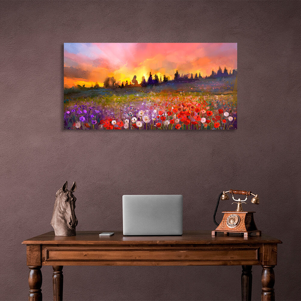 Für Zuhause Abendliches Blumenfeld Mohn, Löwenzahn, Veilchen Leinwandbild Wandbild