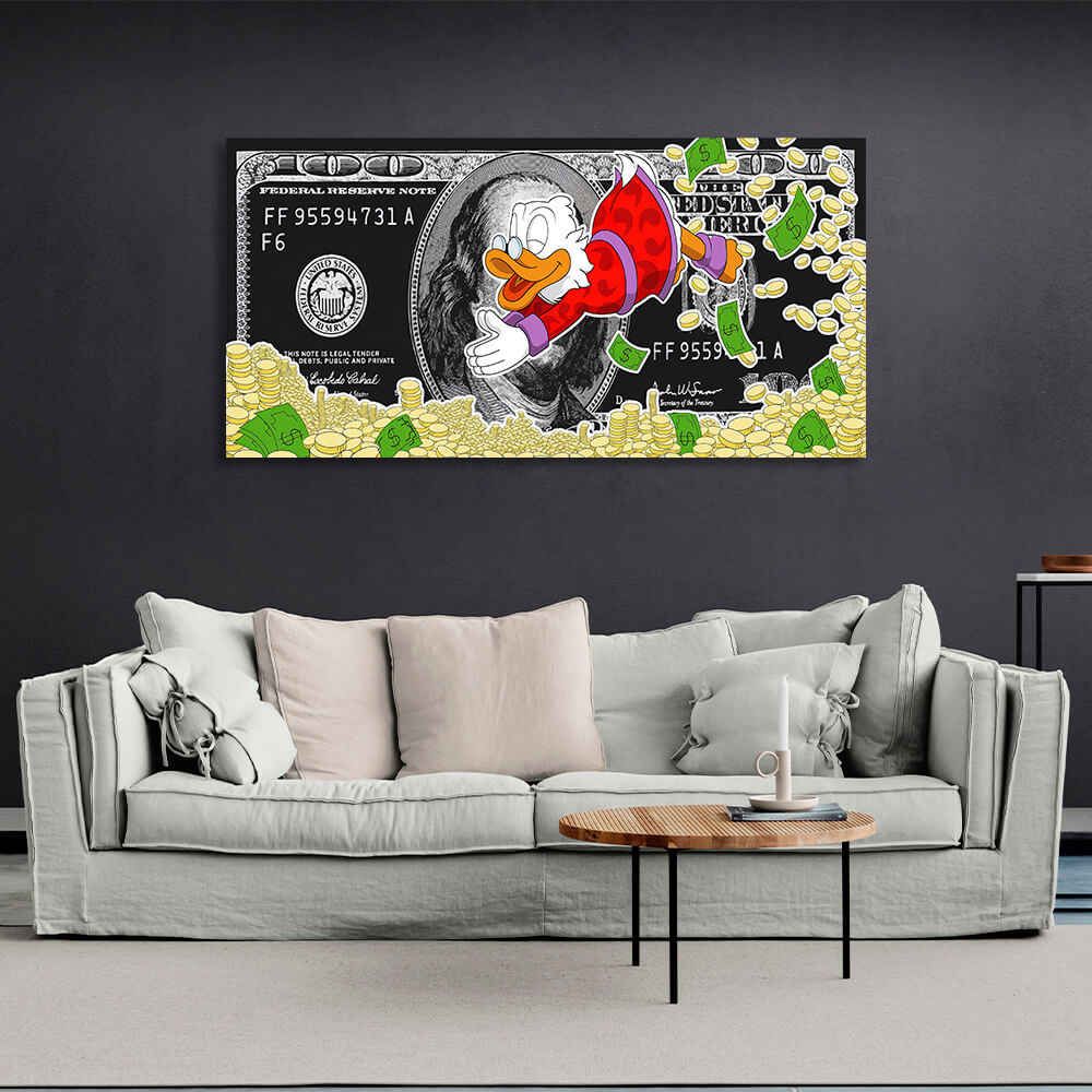 Scrooge's Meer aus Geld, Dollar, inspirierender Kunstdruck auf Leinwand