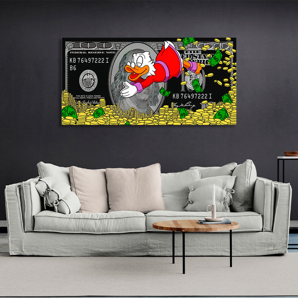 Skrooge dives into the money dollar Inspirational Canvas Wall Art Print