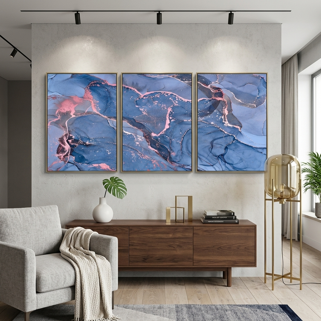 Modularer Kunstdruck auf Leinwand, mehrere Teile, in einem hellblauen und rosa Farbton