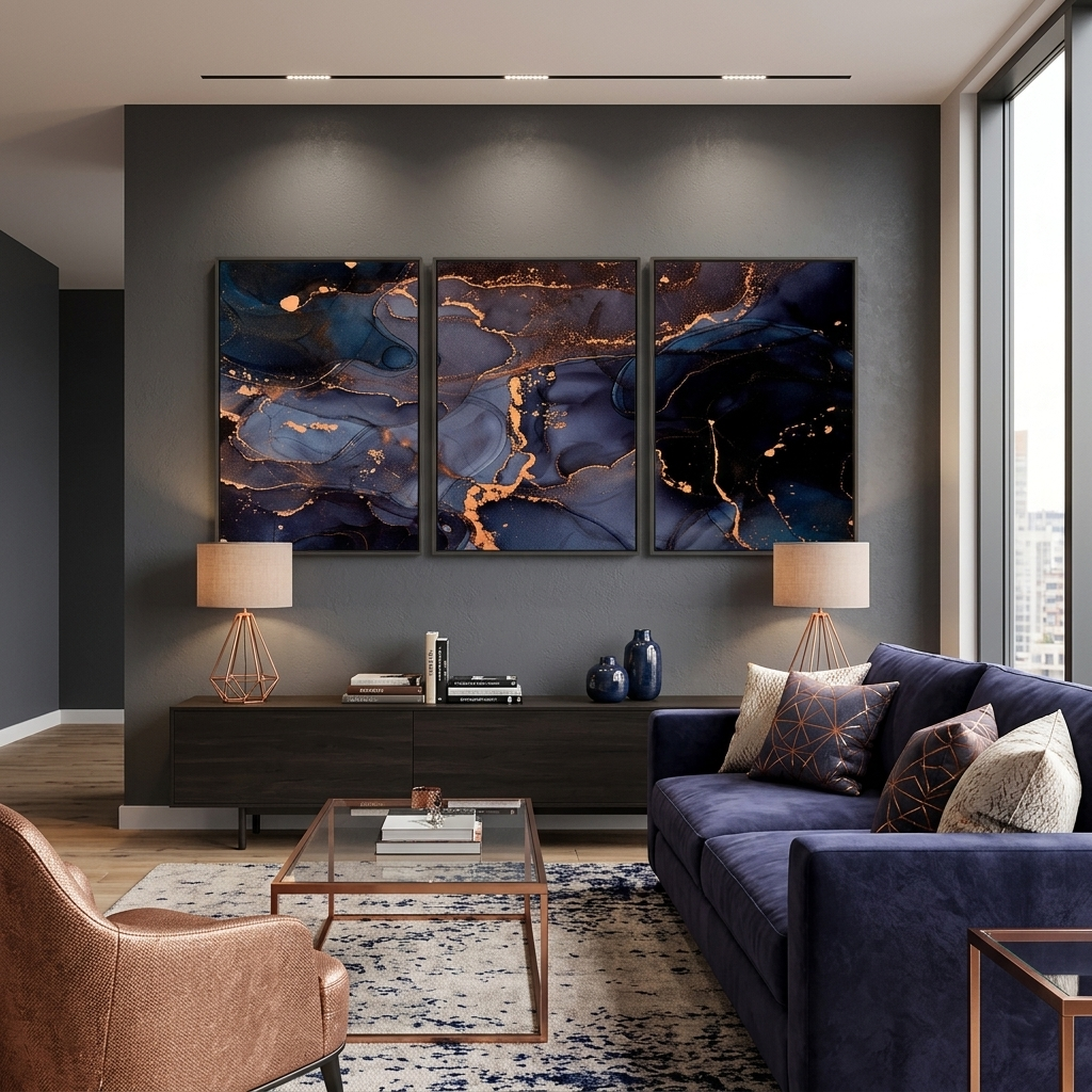 Modularer abstrakter Kunstdruck auf mehrteiliger Leinwand in Blau mit goldenen Elementen