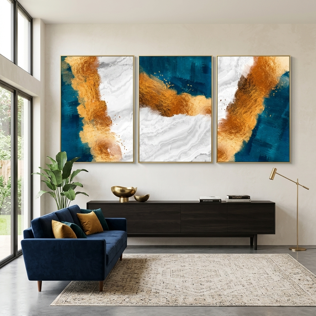 Modularer blau-goldener abstrakter Kunstdruck mit grauen Elementen, mehrere Teile auf Leinwand
