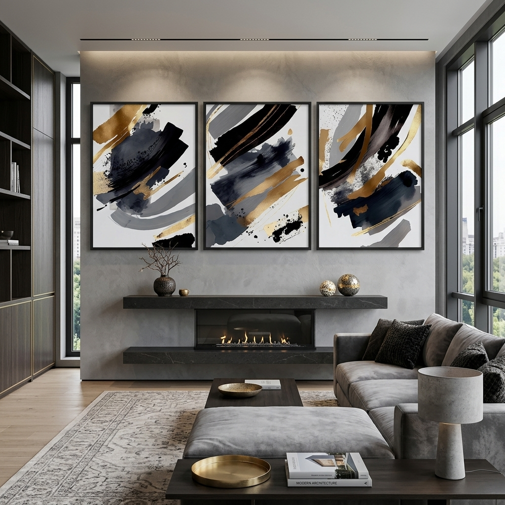 Modularer Kunstdruck auf Leinwand, mehrteilig, dunkles abstraktes Motiv auf weißem Hintergrund