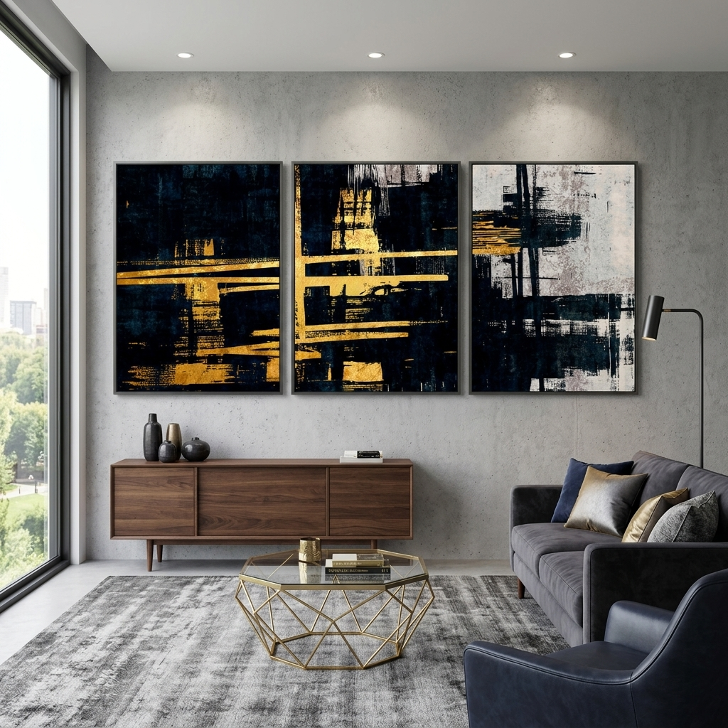 Modularer Kunstdruck auf Leinwand, abstrakt in Gold und Blau mit Grautönen, mehrere Teile