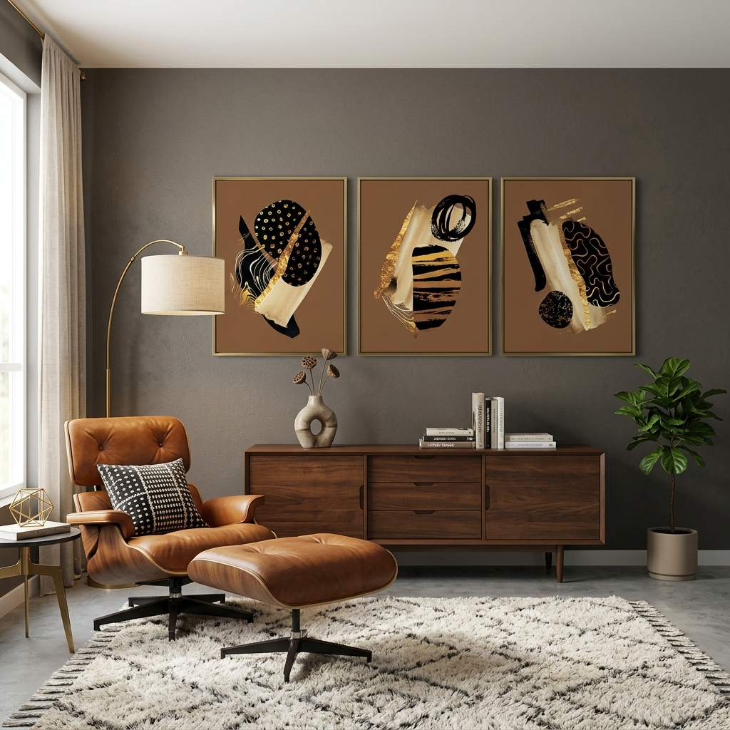 Modularer abstrakter Kunstdruck auf mehrteiliger Leinwand in den Farben Gold, Schwarz und Beige