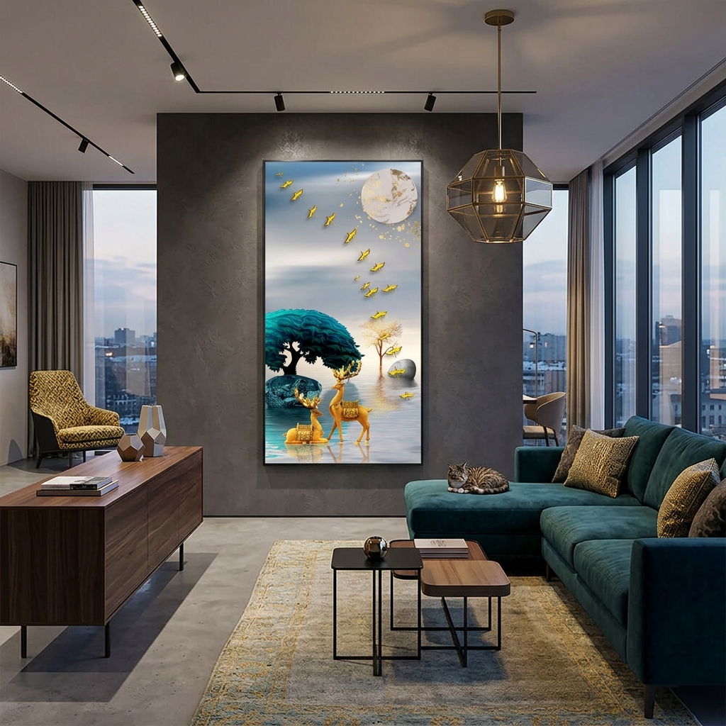 Zwei goldene Hirsche in einem Fluss mit einem blaugrünen Baum Abstrakter Leinwand-Kunstdruck
