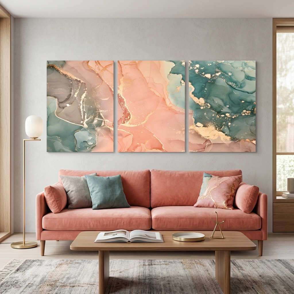 Modularer abstrakter mehrteiliger Kunstdruck auf Leinwand in Pudergrün