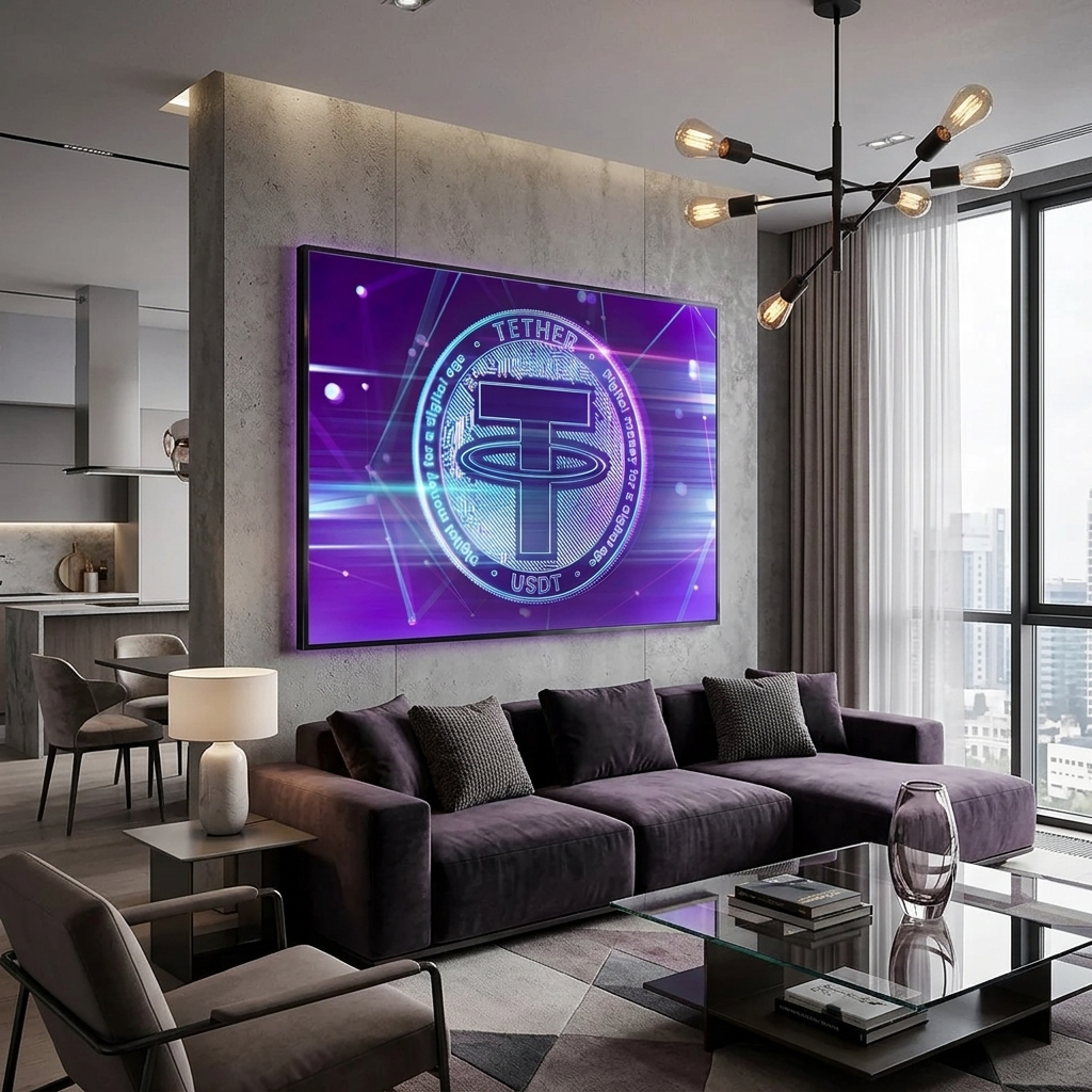 Money cryptocurrencies coin purple Tether USDT Inspirational Canvas Wall Art Print