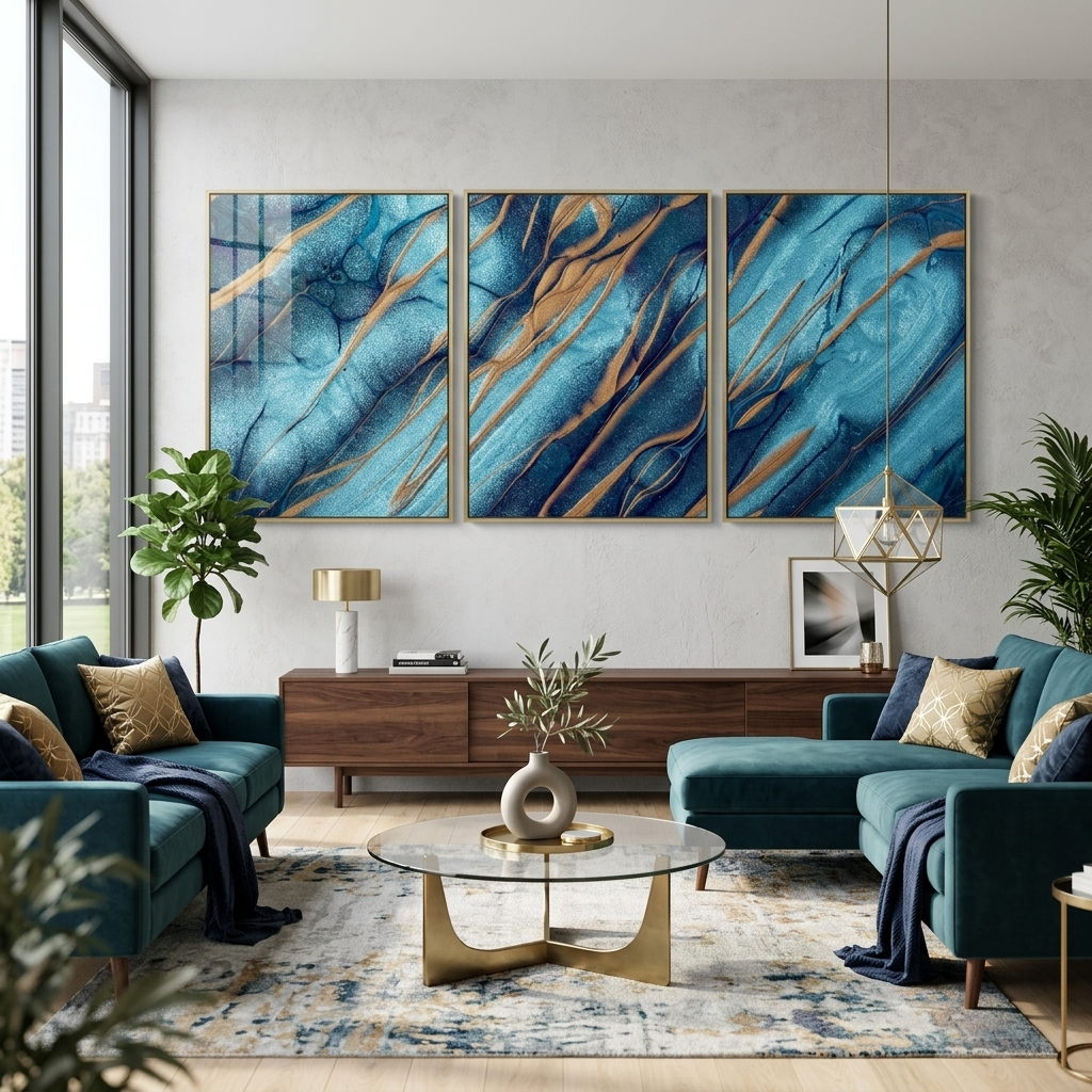 Modularer blau-blauer abstrakter Kunstdruck mit goldenen Elementen, mehrere Teile auf Leinwand