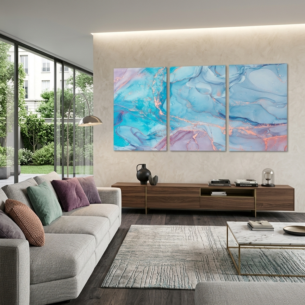 Modularer, abstrakter, puderblauer Kunstdruck auf Leinwand, mehrere Teile