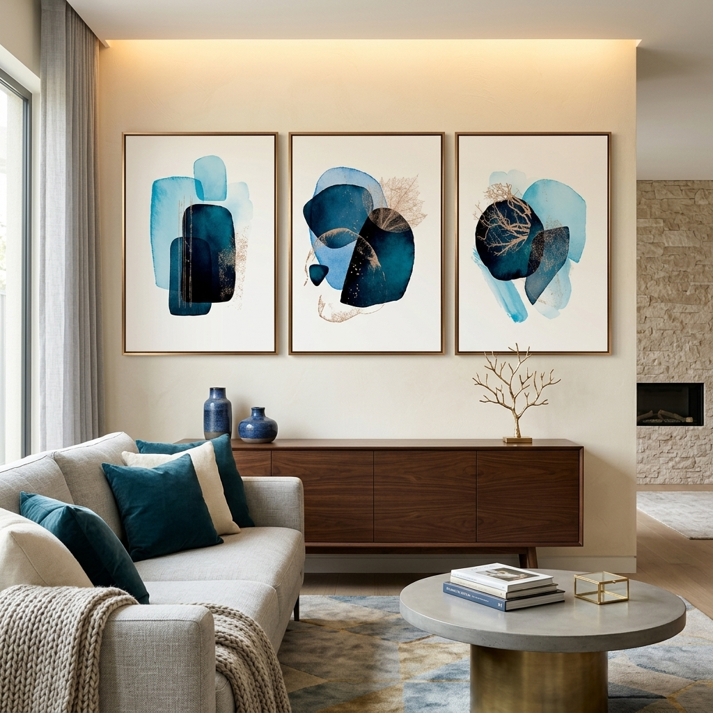 Modularer, tiefblauer, abstrakter, mehrteiliger Kunstdruck auf Leinwand
