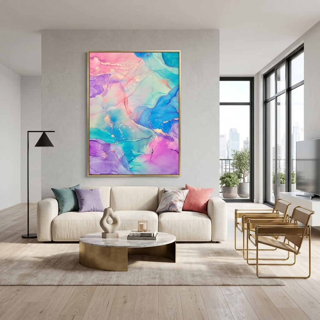 Rosa und lila abstrakt mit blauen und goldenen Tönen Abstraktion Leinwand Wand Kunstdruck