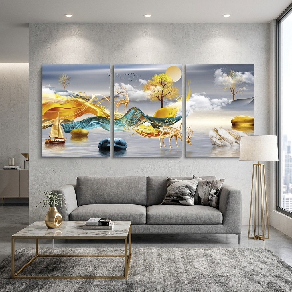 Mehrteiliger Kunstdruck auf Leinwand, Goldener Hirsch auf Hügelhintergrund