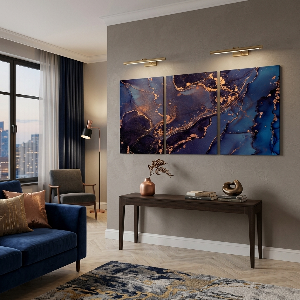 Modularer abstrakter Kunstdruck in Lila und Blau mit goldenen Elementen, mehrere Teile auf Leinwand