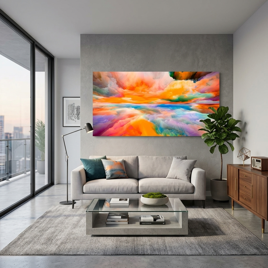 Regenbogen-Abstraktion mit einer zentralen orangefarbenen Farbe Abstraktion Leinwand Wand Kunstdruck
