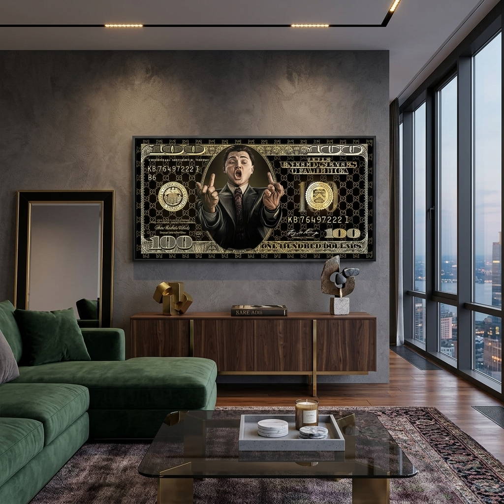 100-Dollar-Schein, schwarz und gold, „The Wolf of Wall Street“, motivierender Kunstdruck auf Leinwand