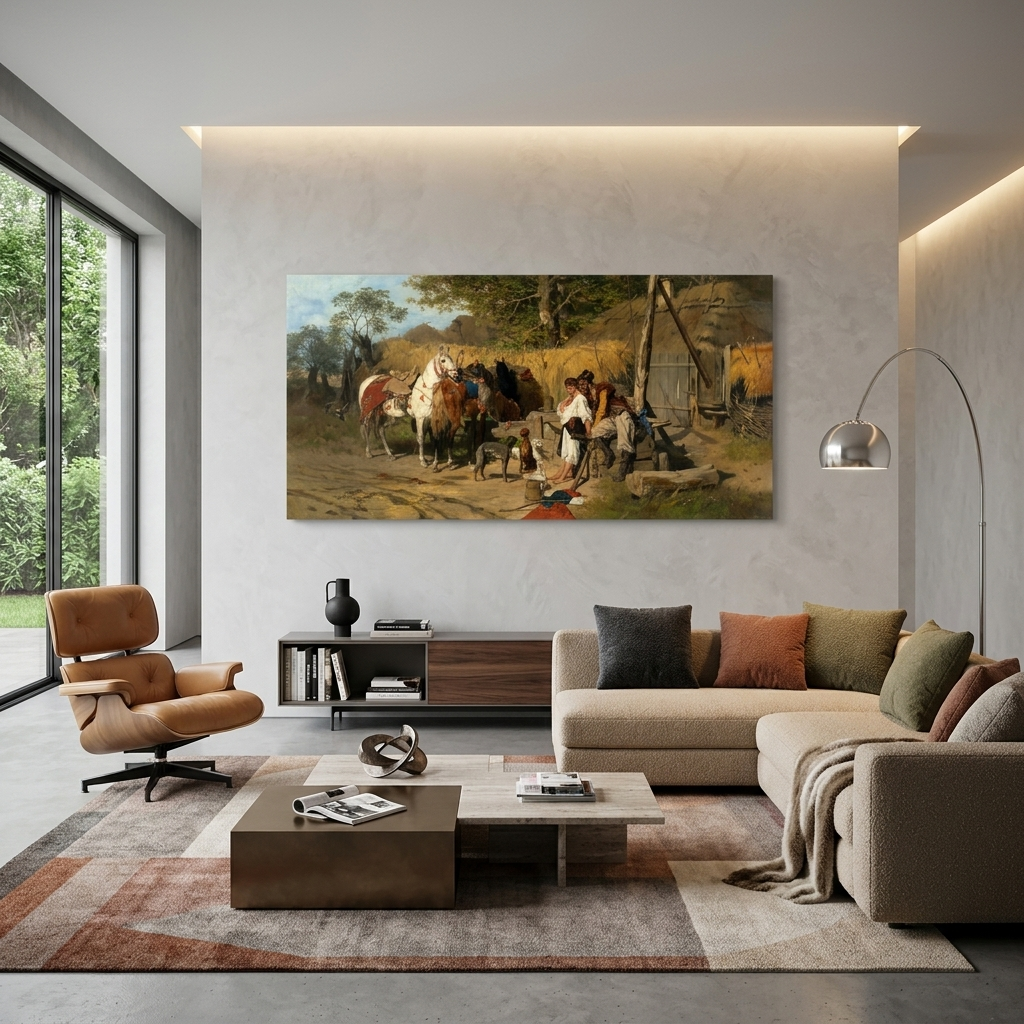 Reproduktion von Jozef Brant Kozak und das Mädchen, Reproduktion auf Leinwand, Kunstdruck