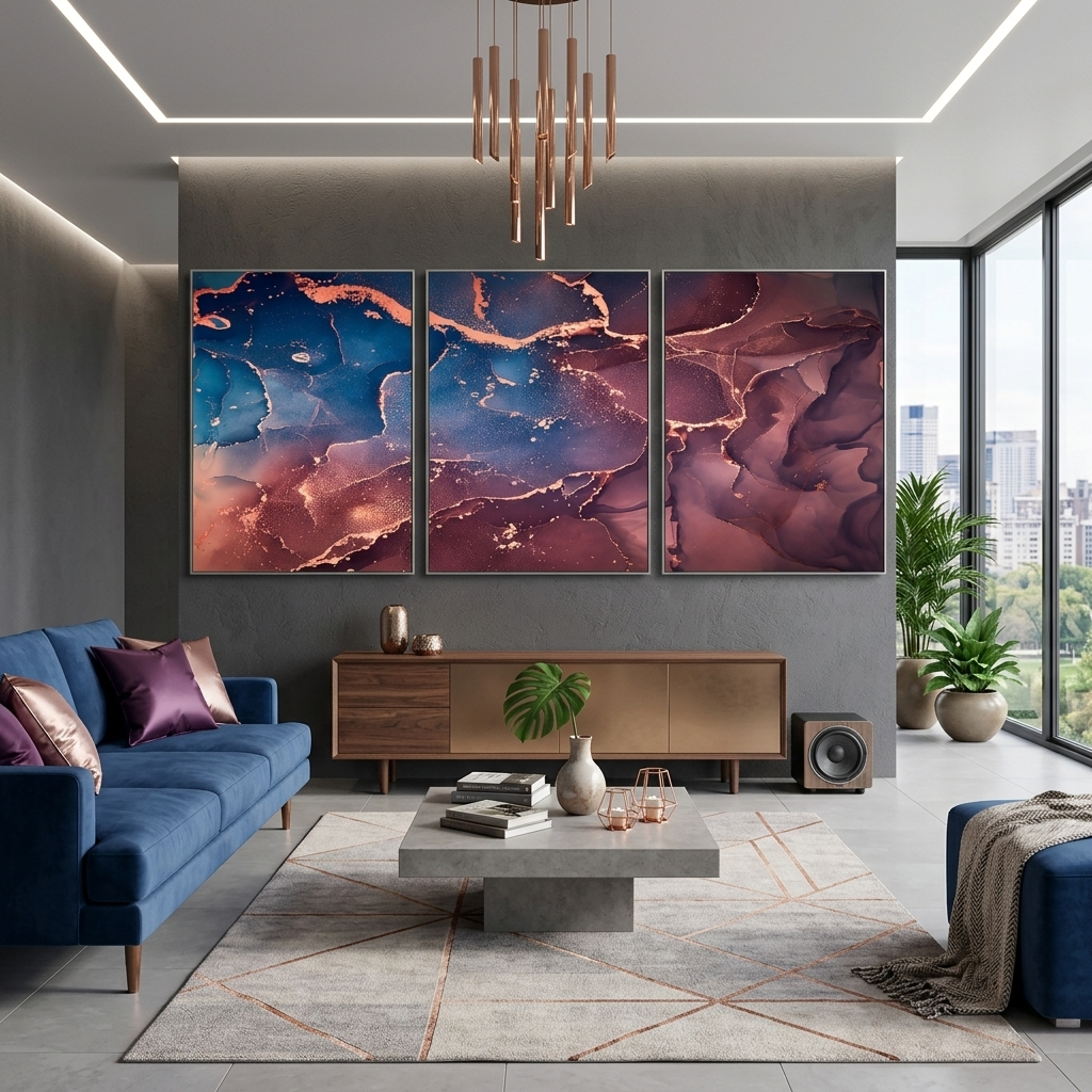 Modularer abstrakter Kunstdruck auf Leinwand, mehrteilig, Burgunderrot und Blau
