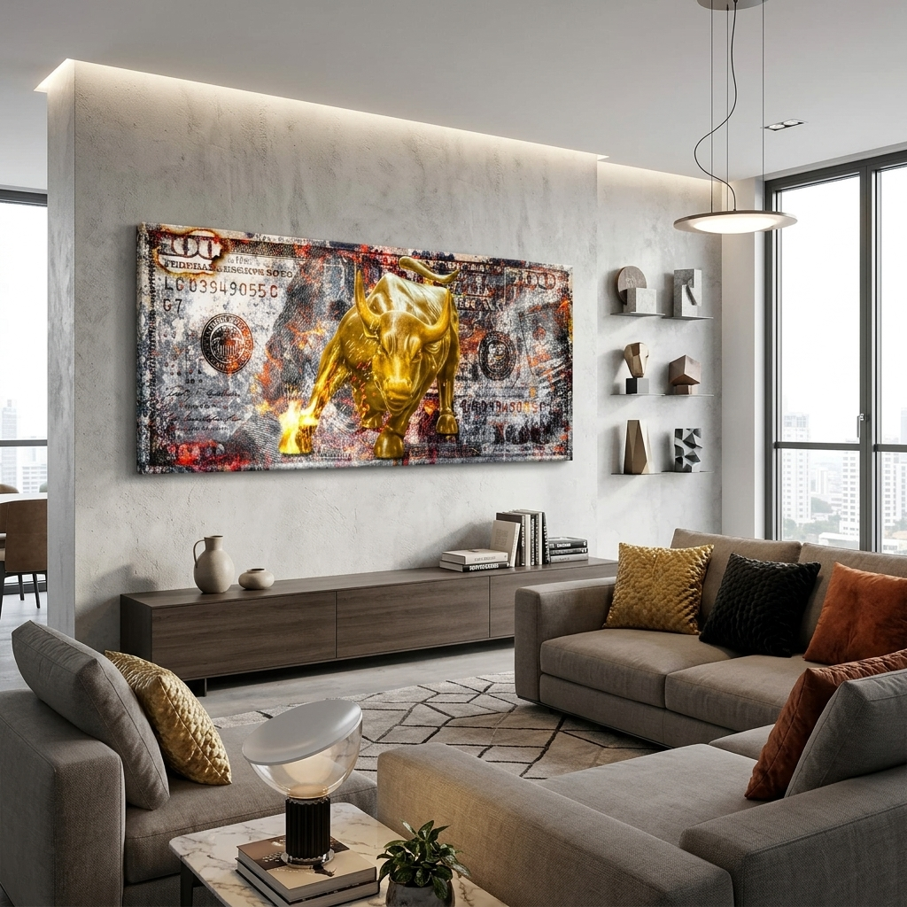 Ein goldener Bulle auf einem 100-Dollar-Schein. Inspirierender Kunstdruck auf Leinwand.