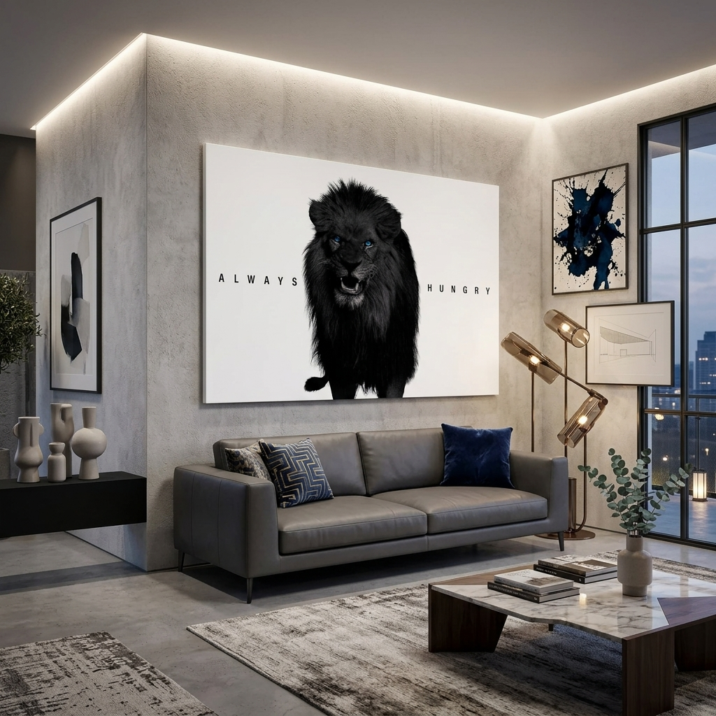 Der Löwe ist immer hungrig Motivierender Kunstdruck auf Leinwand