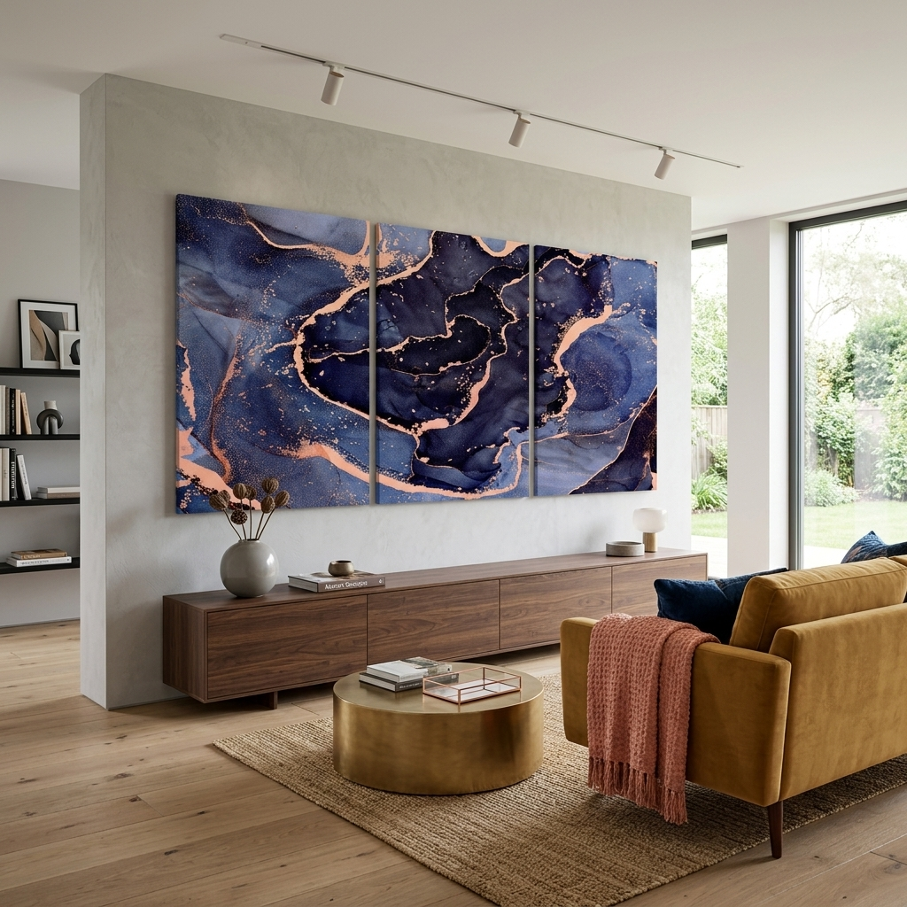 Modularer abstrakter Kunstdruck auf mehrteiliger Leinwand in Blau- und Lilatönen