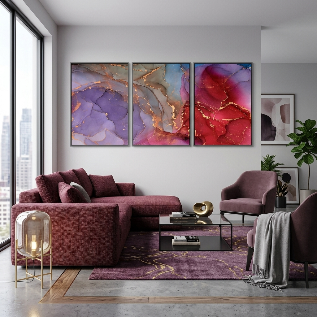 Modularer abstrakter Kunstdruck auf Leinwand, mehrere Teile, Lavendelrot