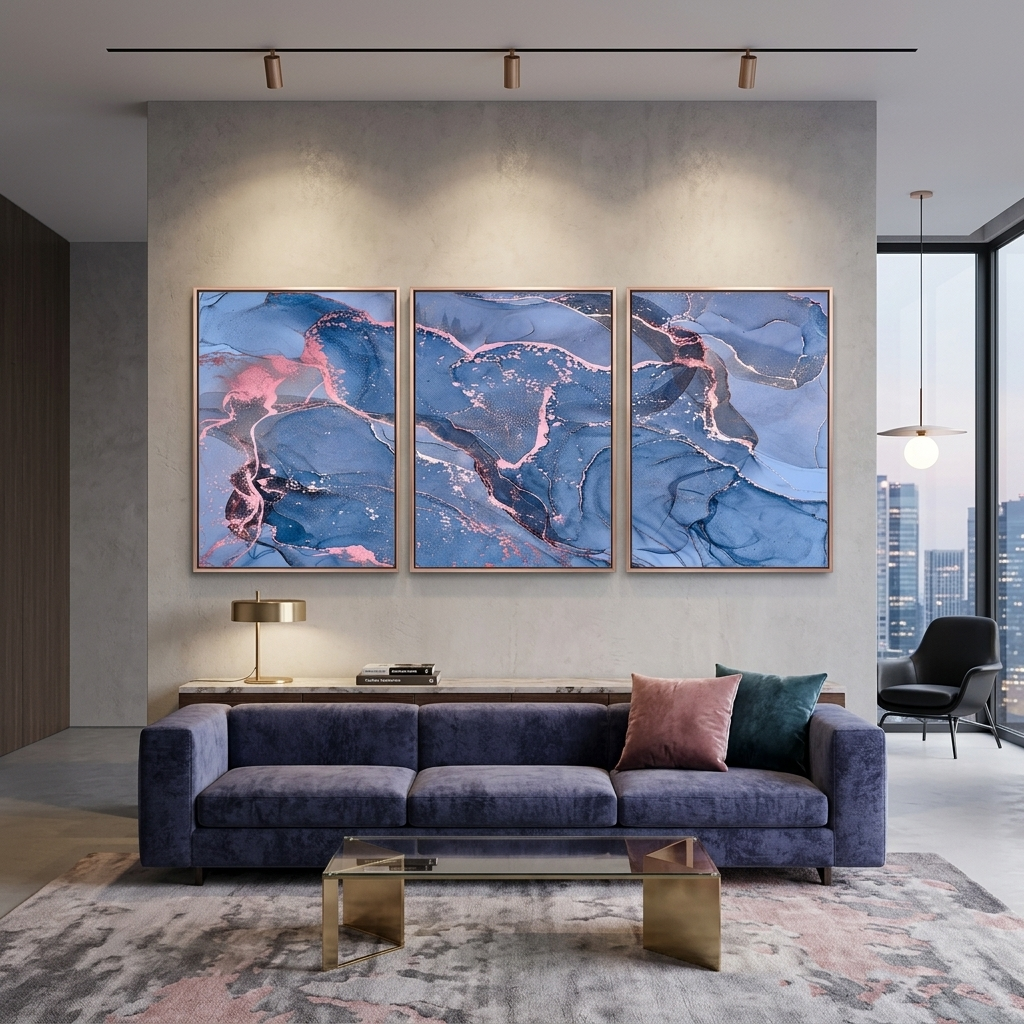 Modularer Kunstdruck auf Leinwand, mehrere Teile, in einem hellblauen und rosa Farbton