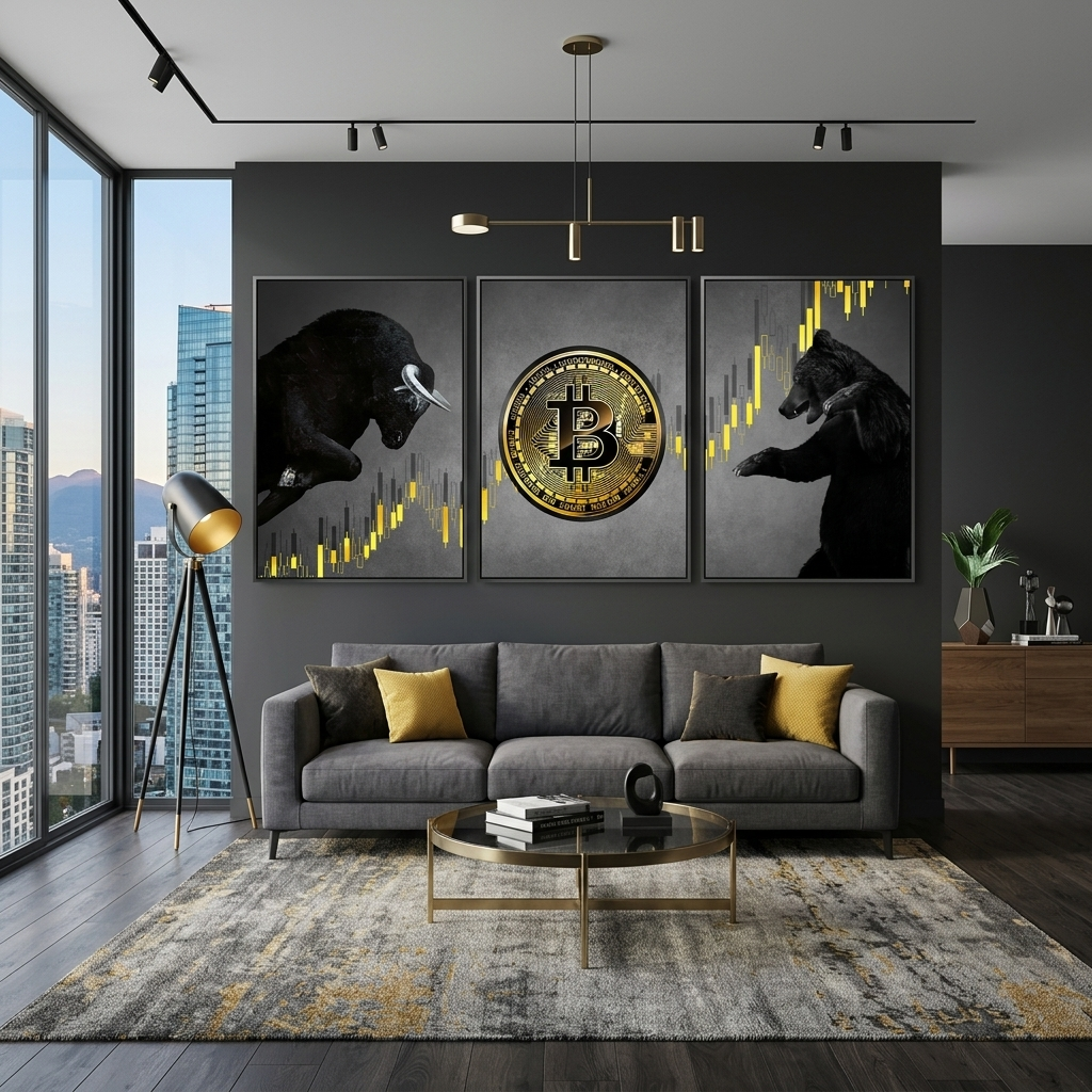 Motivations modular 3-piece Bitcoin bull and bear on gray background Multi Panel Canvas Wall Art Print