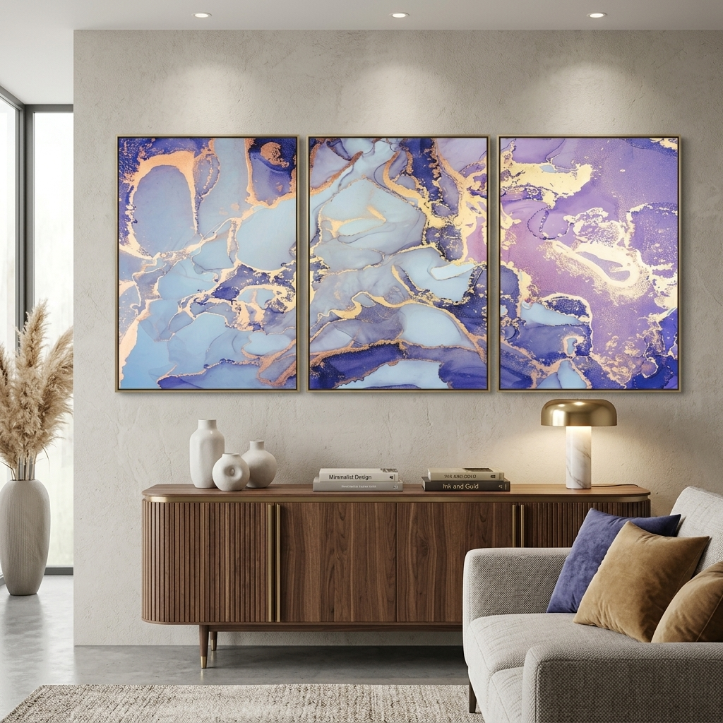 Modularer abstrakter Kunstdruck auf Leinwand, mehrere Teile, Lavendelgrau